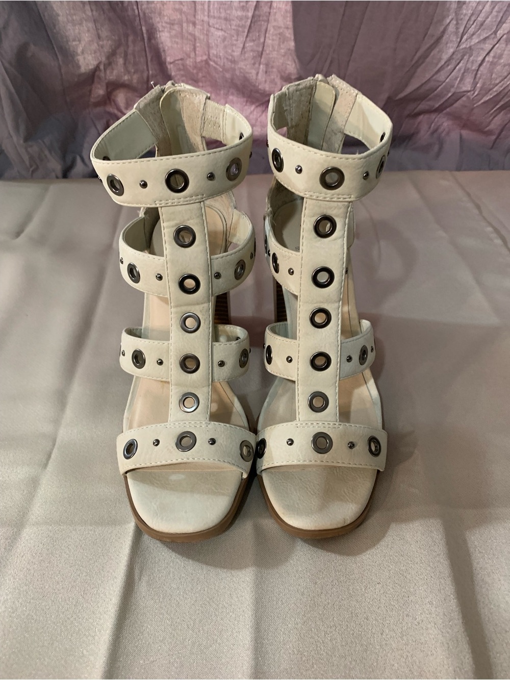 Women's White Grommet Strappy Heeled Sandals. 110/3